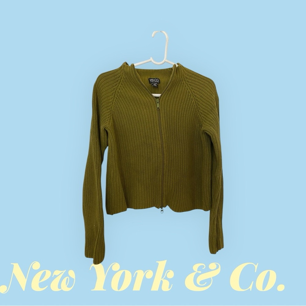 New York & Company Olive Zip-Up Ribbed Cardigan